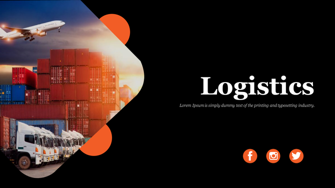 Logistics slide with a background of containers and a plane, featuring orange icons for social media on a white backdrop.