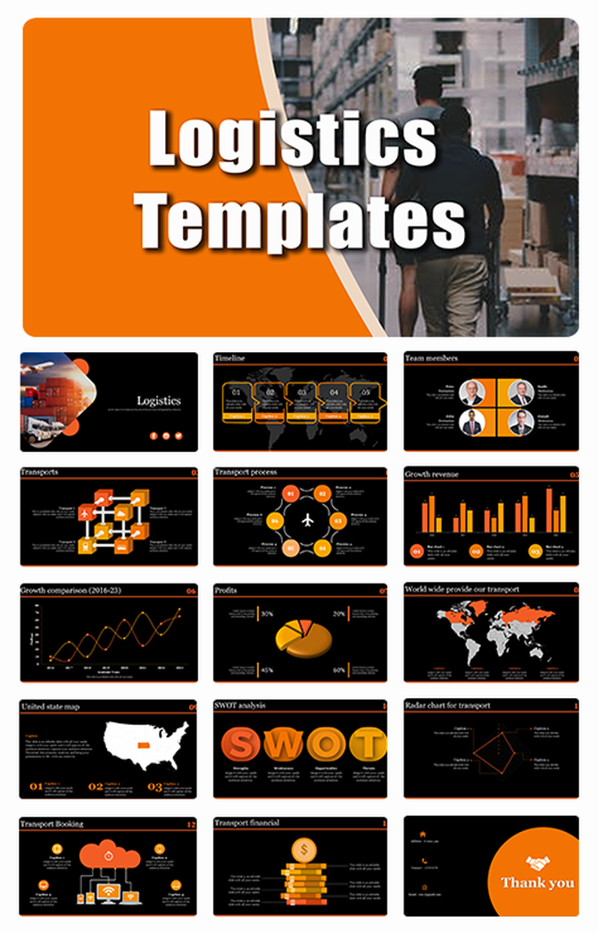 Collage of logistics PowerPoint showcasing various slides including timelines, transport processes, and SWOT analysis.