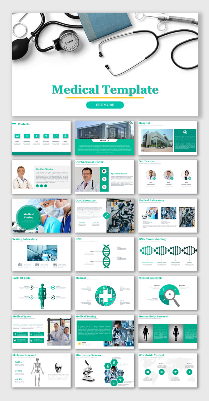 Medical PowerPoint template overview featuring slides on doctors, laboratories, DNA, medical testing, and global healthcare.