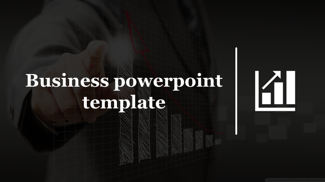 Business themed template with a dark overlay, focus on a pointing hand, and a chart icon on the right.