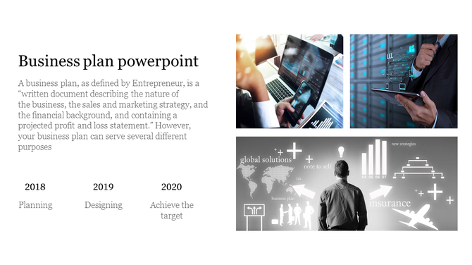 Business plan PPT slide featuring a definition, timeline from 2018 to 2020, and images of technology and global solutions.