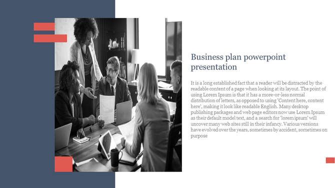 Business themed slide displaying a professional discussion scene, with a split layout and corporate styled text design.
