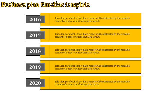 Business plan timeline slide with five yellow boxes and gray year labels from 2016 to 2020, on a black background.