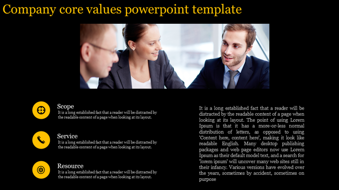 Company core values slide with a black and gold theme, featuring a business meeting image and three value sections. 