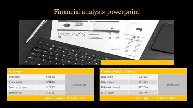 Financial analysis slide with a black and gold theme, featuring a desk setup with financial reports and income tables.
