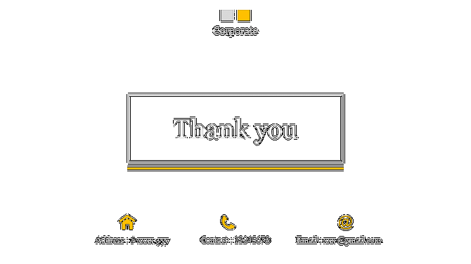 Thank you PPT slide with corporate branding, contact details, and icons for address, phone, and email on a black theme.