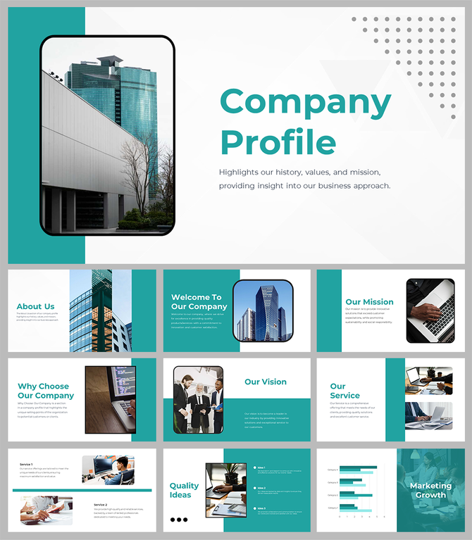 Company profile slide deck featuring a photo of a modern building alongside text highlighting business values and mission.