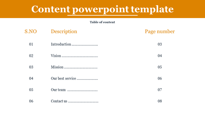 Table of contents slide with an orange header, listing six sections, including introduction and contact information.