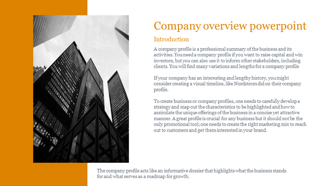 Slide featuring a split layout with an orange sidebar, grayscale cityscape, and company profile introduction.