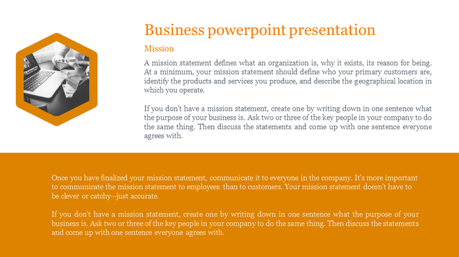 Business PowerPoint slide on mission statements, featuring an orange hexagonal image placeholder on the left.