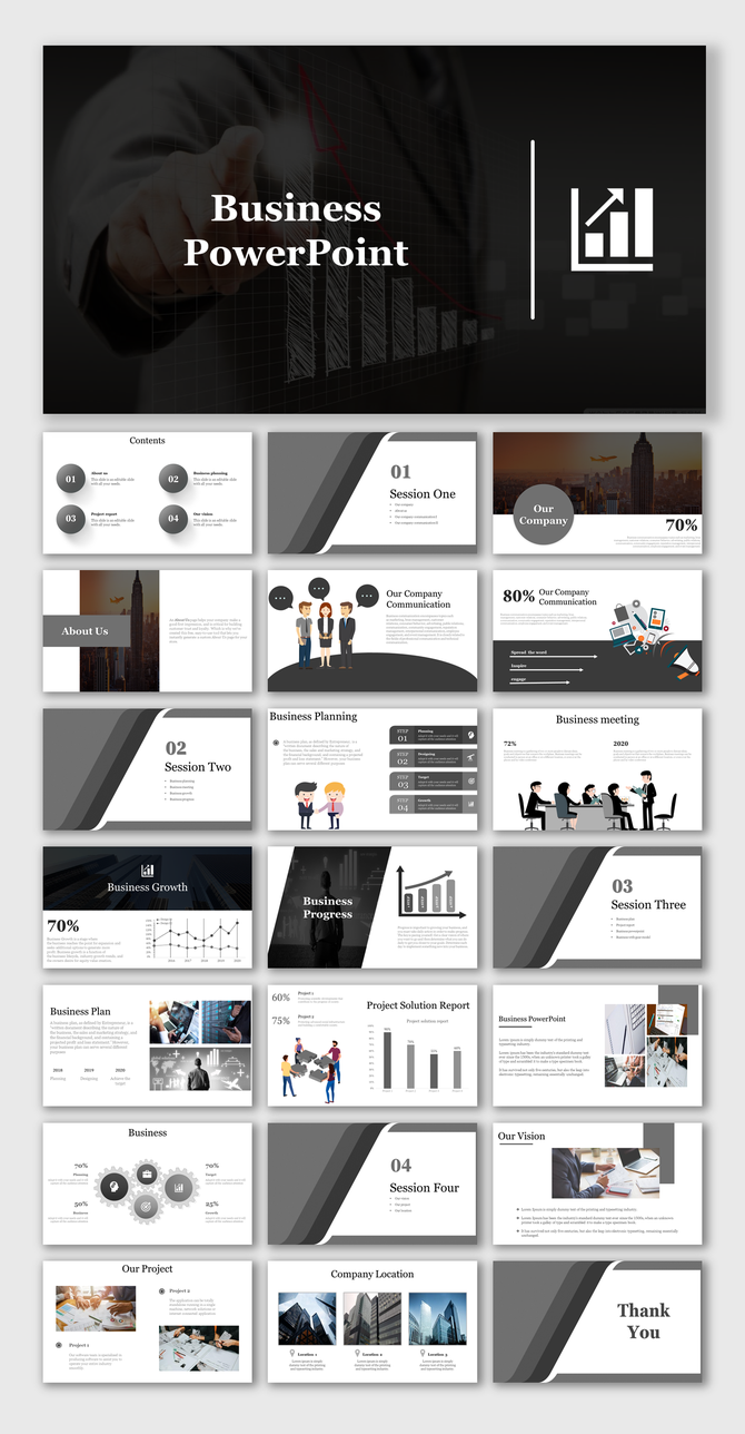 Comprehensive business PowerPoint presentation slides featuring multiple sections, graphs, and professional imagery.