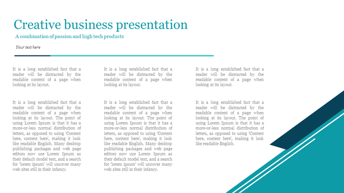 Creative business presentation with a white background and text blocks arranged in a grid layout, with teal accents.
