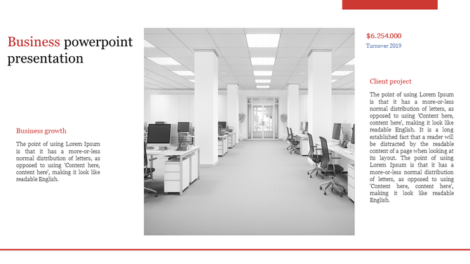 Business presentation slide with a monochrome image of office space and sections for business growth and client projects.