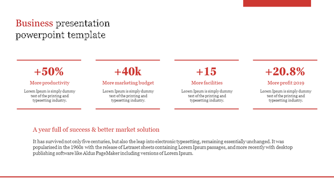 Modern business template emphasizing four essential business growth metrics in bold red, followed by a statement.