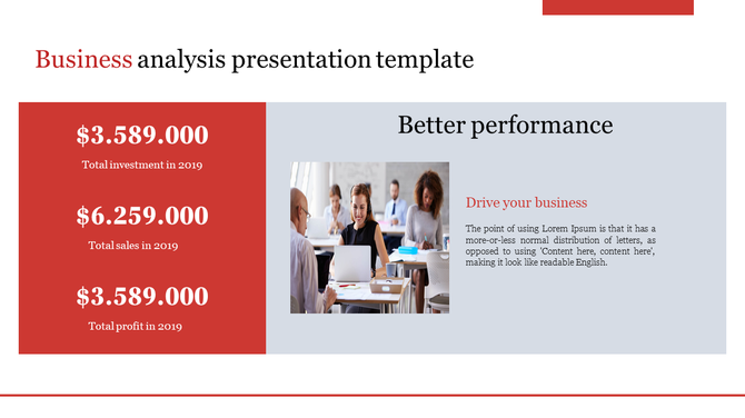 Slide with 2019 financial analysis with values on a red sidebar, alongside a photo of a business team.