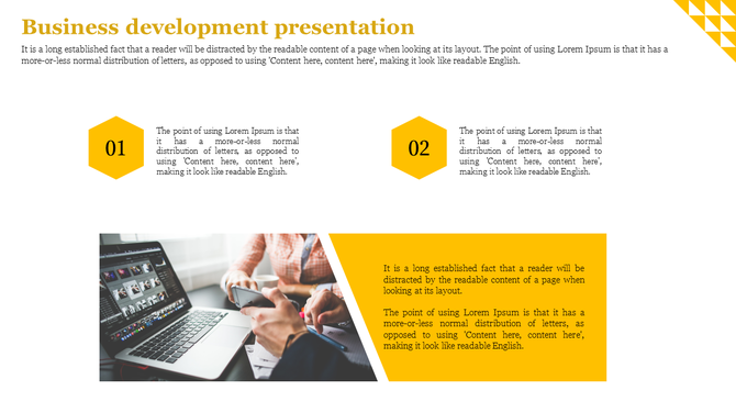 Business development slide with two yellow markers labeled 01 and 02, a laptop workspace image, and a yellow text block.