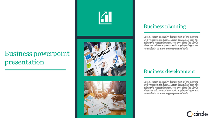 Business slide with a central vertical panel, business planning and development images, and text sections on the right.