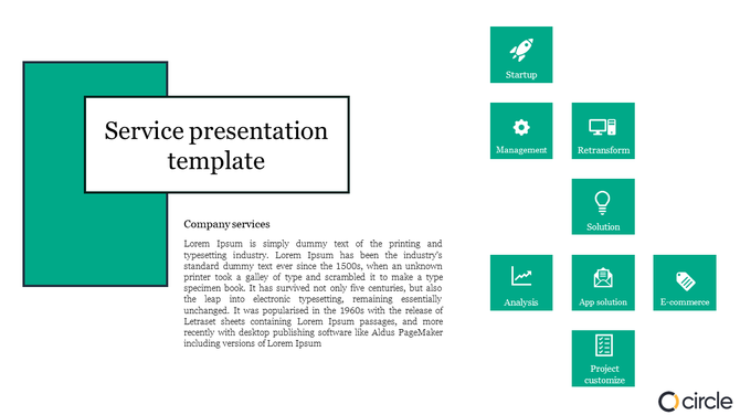 Service slide featuring teal square shapes with icons aligned to the right, and text placeholders on the left.