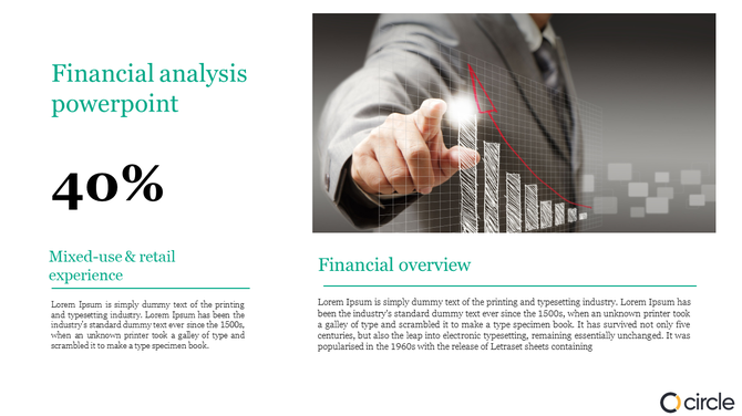 Financial analysis slide with a bold 40% statistic, a financial overview section, and a businessperson pointing.
