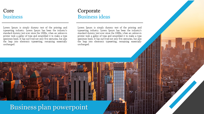 Corporate presentation slide featuring two business text sections, a city skyline background, and a bold blue footer.