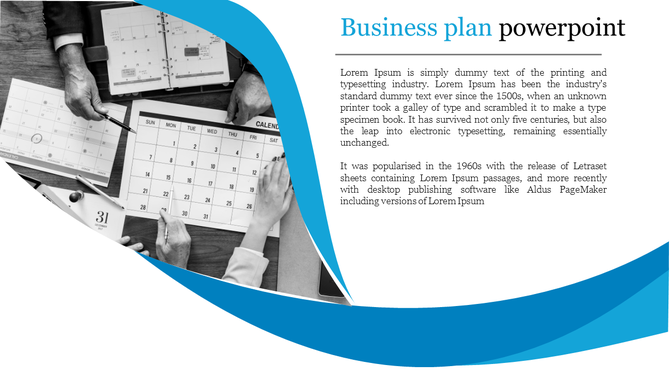 Business planning slide with a blue graphic, a grayscale teamwork image, and a structured content section on the right.