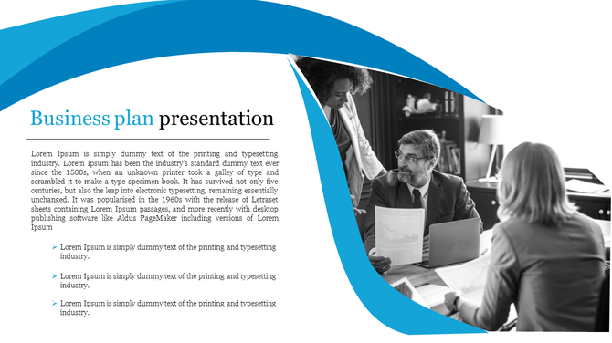Business plan slide featuring a meeting with a team discussing documents, framed with abstract blue shapes.
