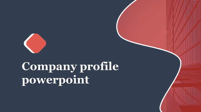 Company profile slide with a red abstract wave on the right, white bold text, and a red diamond icon on the left.