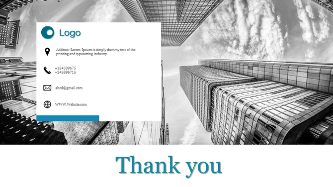Thank you slide for a company presentation featuring a black and white cityscape background and contact details.