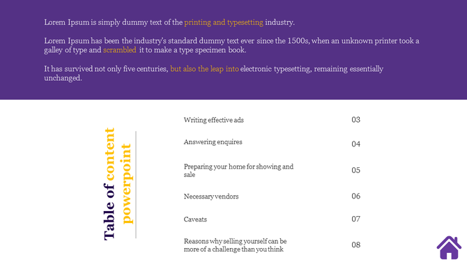 Slide featuring a purple header with a table of contents layout, highlighting various sections with bold text.
