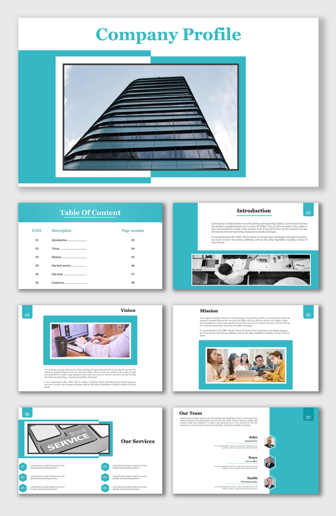 Company Profile PowerPoint slides with a table of contents and sections for Introduction, Vision, Mission, and Team.