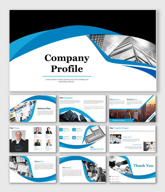 Company profile presentation template with a modern black, white, and blue wave design, featuring skyscraper imagery.