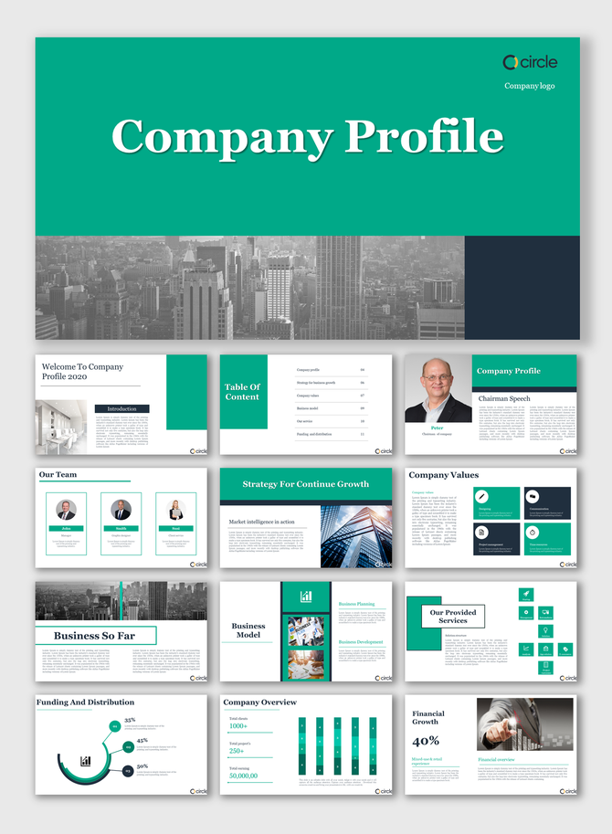 Company profile PowerPoint slides featuring a modern city skyline and detailed content layout.