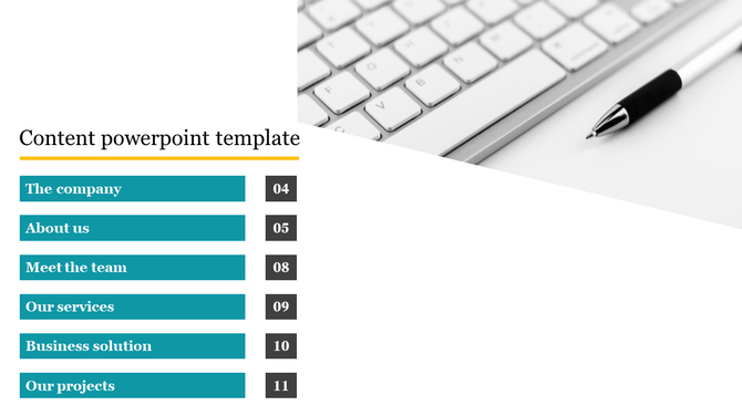 Content layout PowerPoint presentation slide with sections including company details and services.