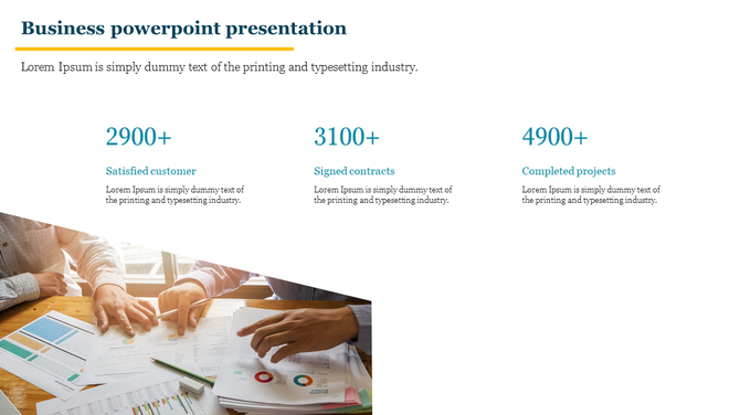 Slide with three teal business statistics data, paired with a photo of hands over paperwork.
