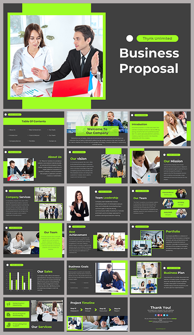 Business proposal slide deck with neon green accents, featuring sections on mission, vision, team, services, and goals.