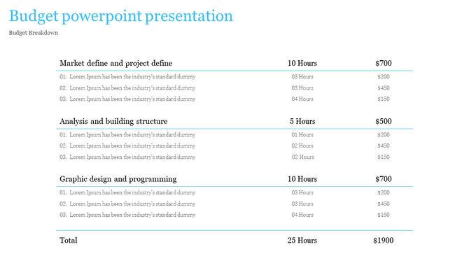 Slide shows a detailed budget breakdown for a project, including hours and costs with placeholder text.