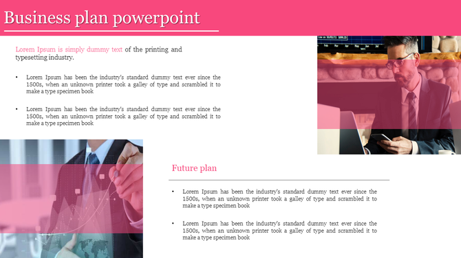 Business plan slide with pink accents, featuring bullet points and an image of a man analyzing data with a computer.