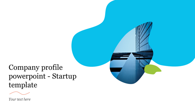 Company profile slide with a modern skyscraper image inside an abstract blue and green design element.