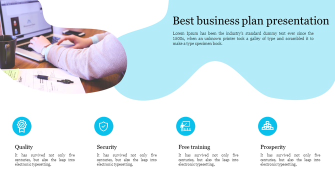Business plan slide showing four blue icons and text for services, with a curved image of a person working at a laptop.