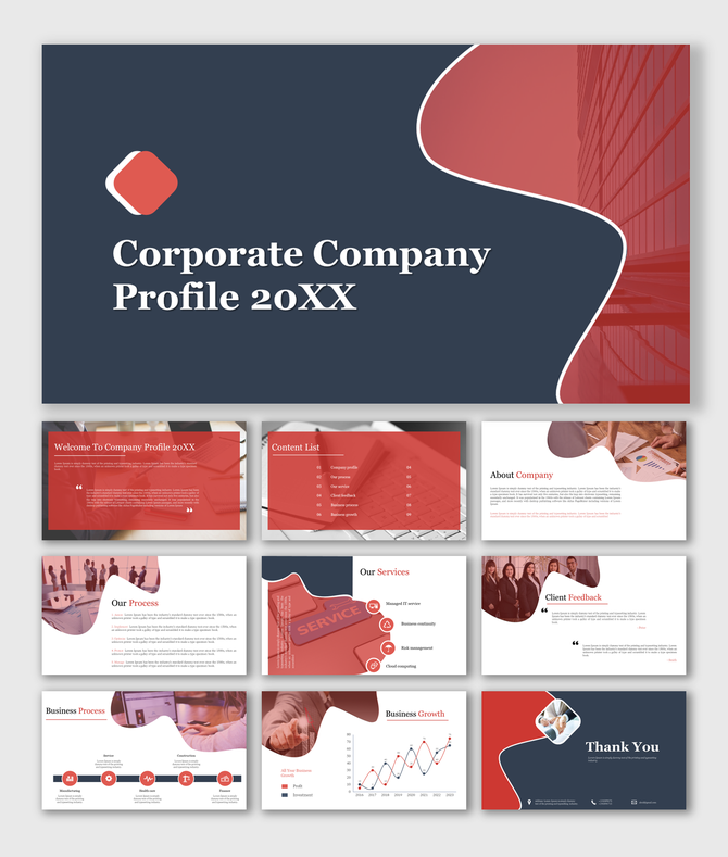Corporate company profile PPT with a modern red and navy design, including content list and business process slides.