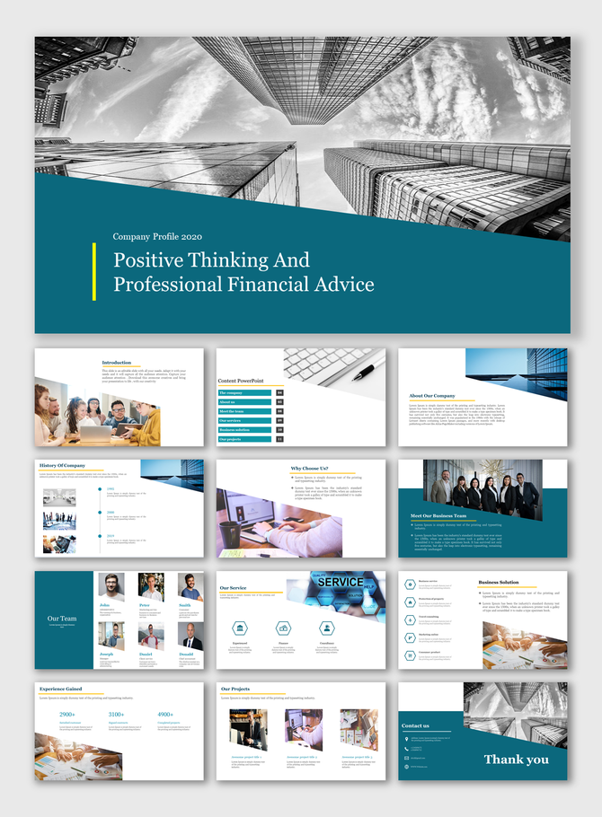 Modern business profile slide deck for a housing company, featuring service breakdowns and real estate insights.