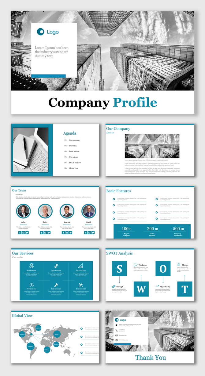 Pack of slides in teal and gray, showcasing company profile, team details, services, SWOT analysis, and global view.