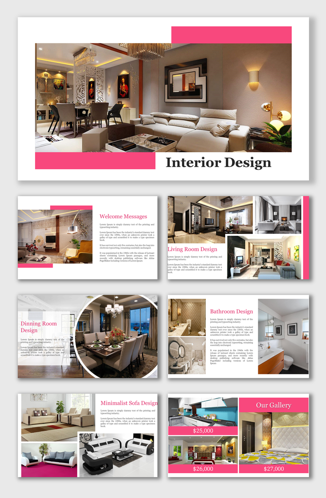 Slide deck showcasing interior design ideas with photos of living spaces, dining areas, and minimalist furniture designs.