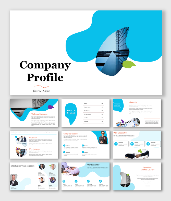 Company profile PPT slides with sections for welcome message, table of contents, team introductions, and contact information.