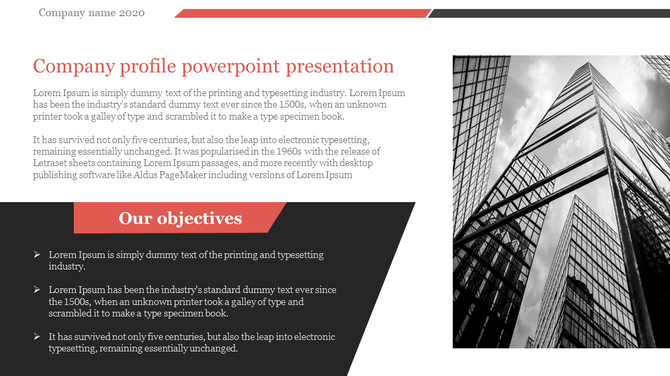 Company profile slide with a black and white skyscraper image, red heading, and a dark objectives section with bullet points.
