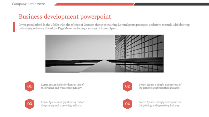 Business themed slide design with a monochrome cityscape, red text highlights, and a four-step structured content section.
