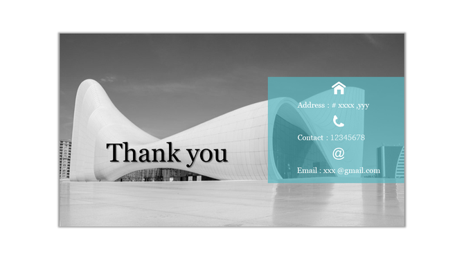 Thank you slide with a grayscale modern building background, bold black text, and a turquoise contact details box.