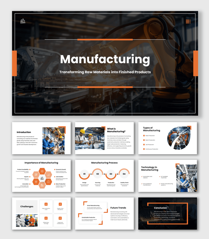 Manufacturing PowerPoint Template with robotic arm sparks, orange accents, clean layout, icons and modern slides.