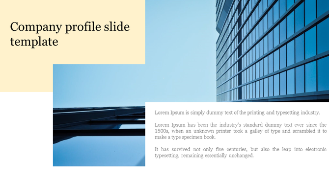 Company profile slide with a modern glass building image, a beige title section on the left, and a white text box overlay at the bottom.