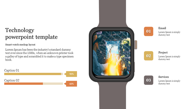 Technology slide with a smartwatch mockup displaying augmented reality, a text section on the left, and progress bars.